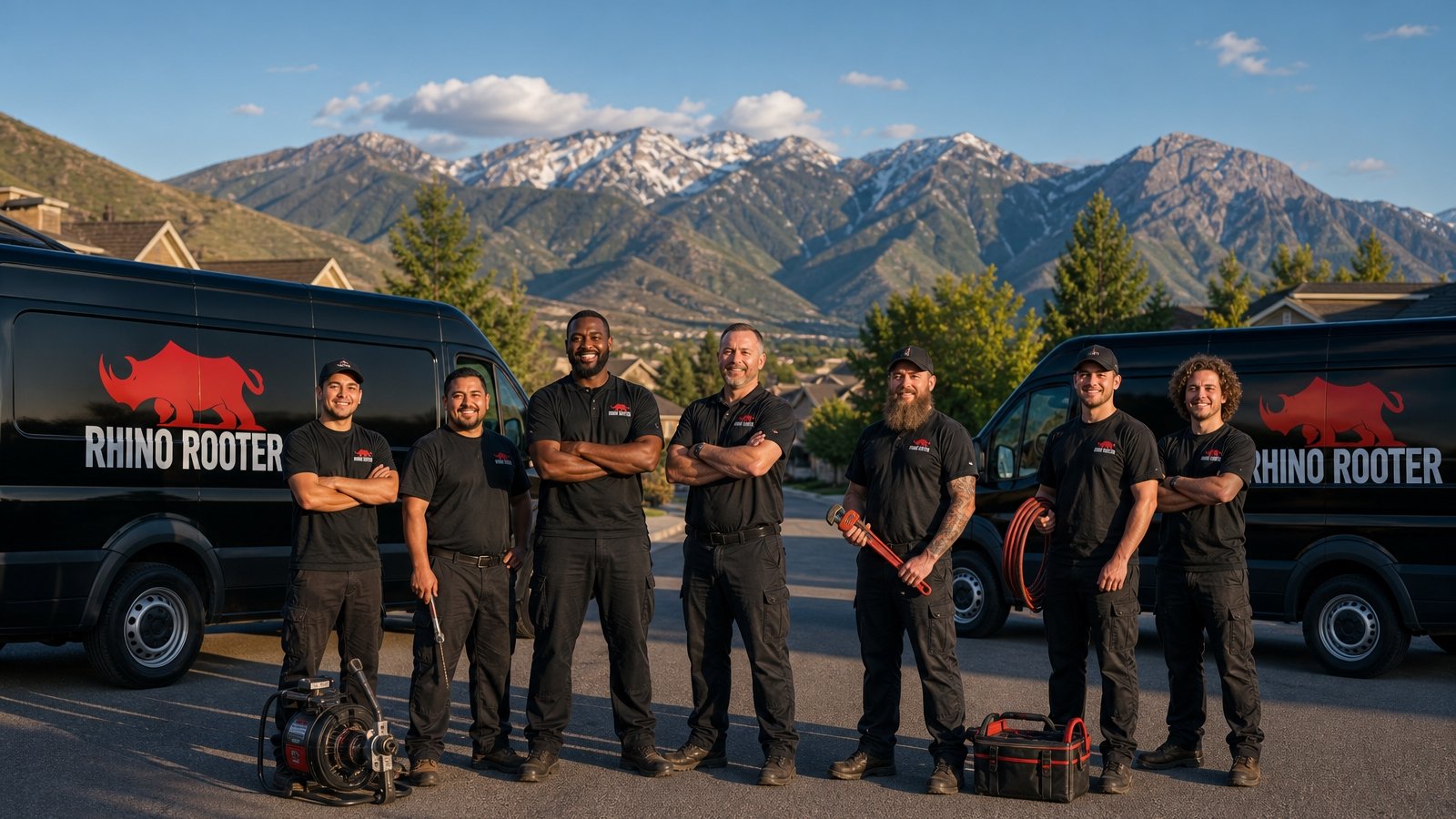Rhino Rooter crew and service vans outside the West Haven, Utah shop