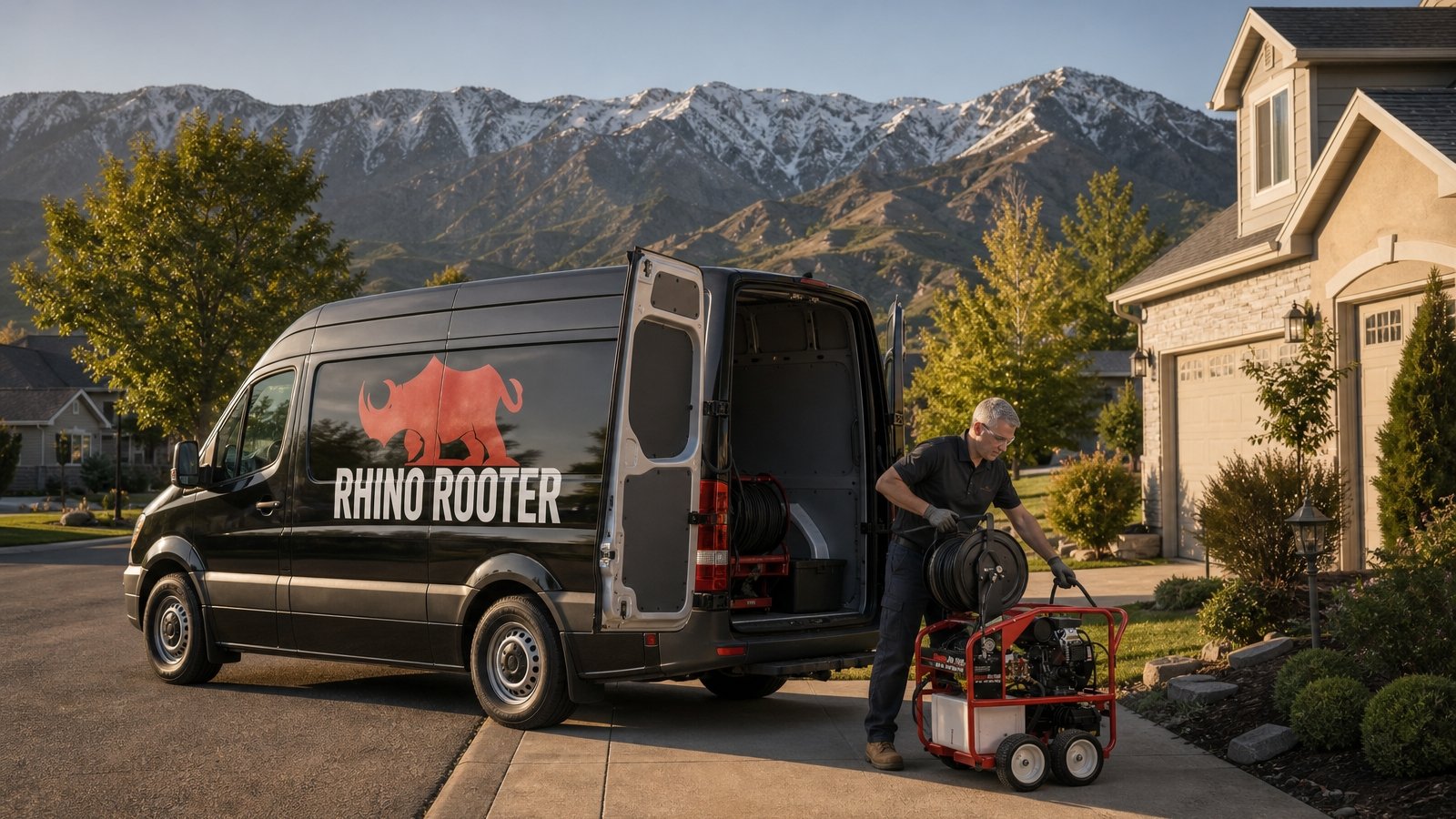 Rhino Rooter crew working a no-dig trenchless sewer repair on a residential street in Ogden, Utah